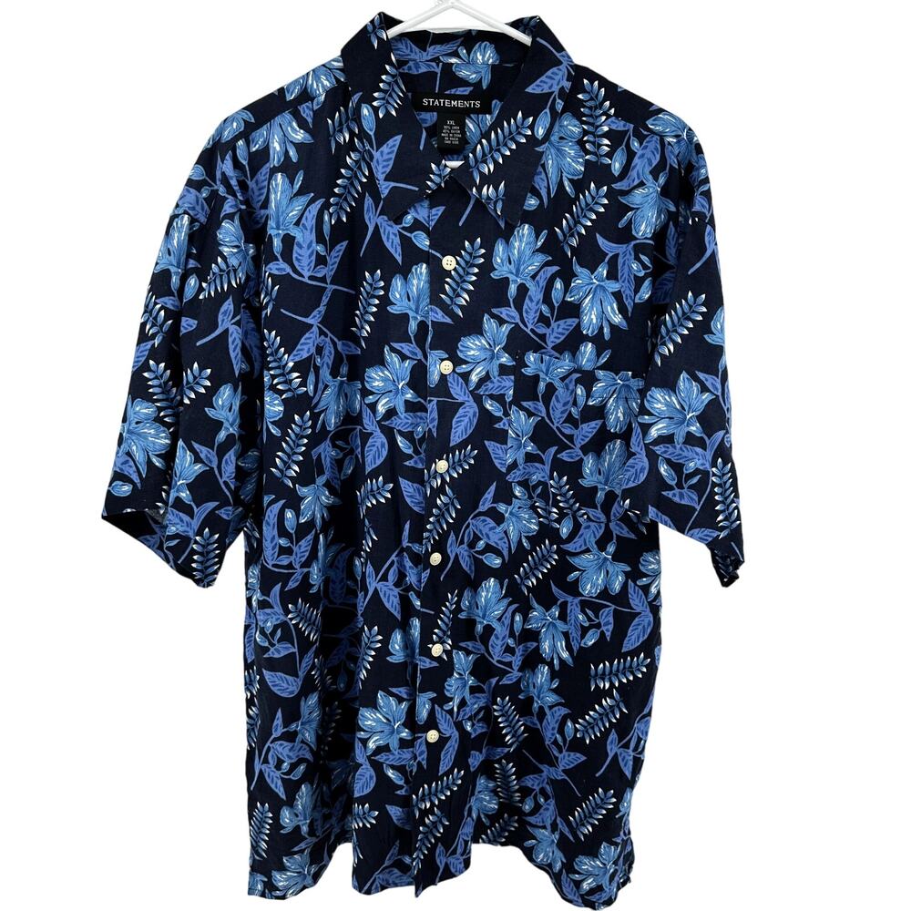 Statements Linen Hawaiian Shirt Button Down Short Sleeve Floral Blue XXL